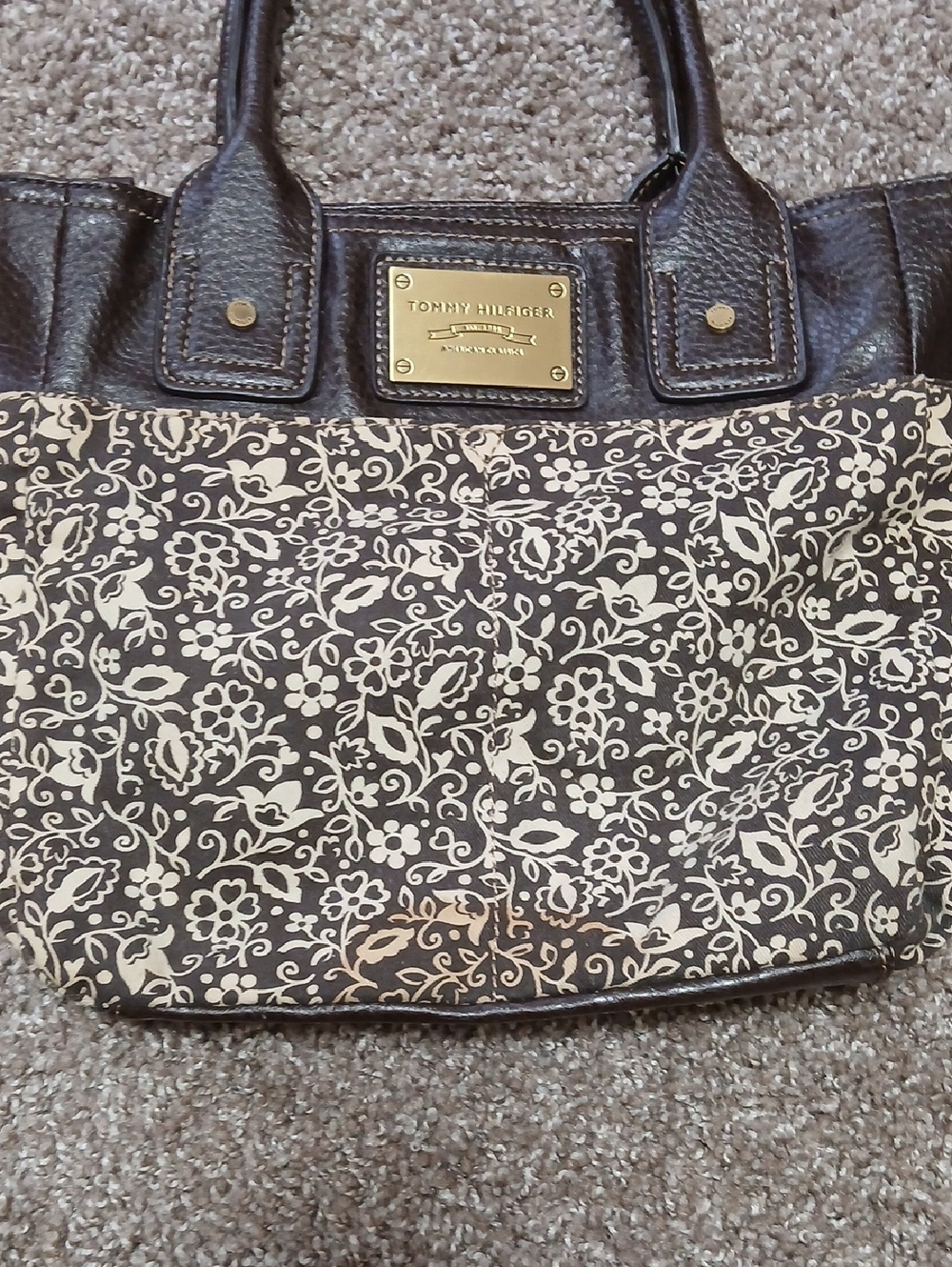 Y2K Tommy Hilfiger Brown and Cream Floral Canvas Tote - Picture 2 of 13
